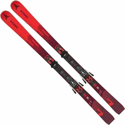 A pair of skis with bindings, displayed diagonally against a white background.