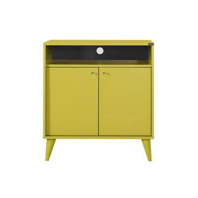 A yellow cabinet with two doors and an open shelf on top, set against a white background.