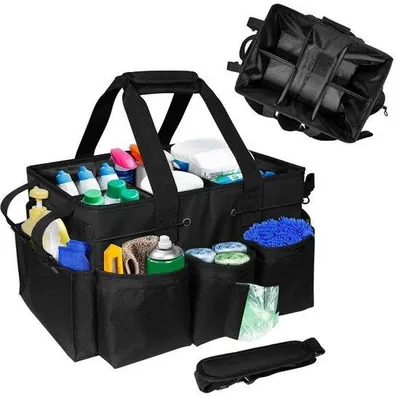 Produktbild von Reinigungstasche - 37 x 24 x 26 cm - Aufbewahrungstasche für Putzmittel - Mehrere Fächer - Verstellbare Schultergurte - für Haushalt, Auto - Schwarz