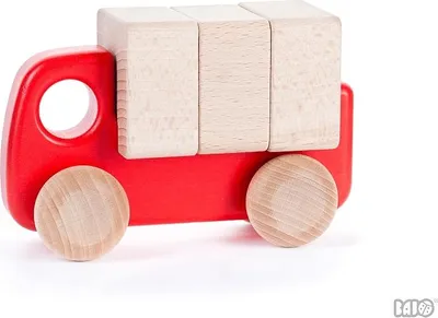 Image de Camion en bois Bajo avec briques - Jouet éducatif rouge