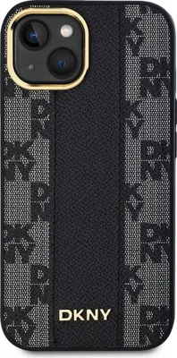 Produktbild von DKNY DKHMP15SPCPVSLK iPhone 15 / 14 / 136.1 schwarze/schwarze Hartschalen-Lederhülle mit Karomuster und MagSafe-Anschluss