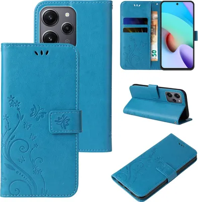 Produktbild von Handyhülle für Xiaomi Redmi 12 Floral Blumen Schmetterling Flip Cover Hülle Case Klapphülle Handytasche Farbe: Blau