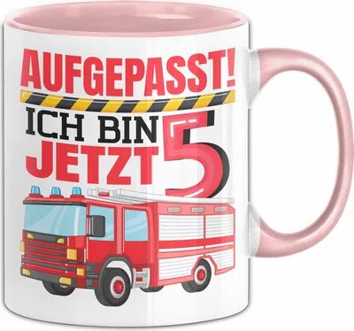 Produktbild von 5. Geburtstag Geschenk Tasse Becher Jungs Feuerwehr Aufgepasst Ich Bin Jetzt 5 (Rosa)