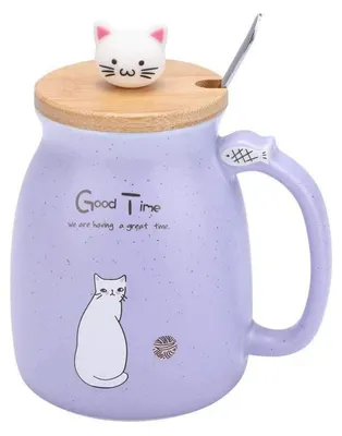 Image de Tasse en céramique avec motif de chat, 420 ml, couleur violette, avec couvercle en bambou et cuillère
