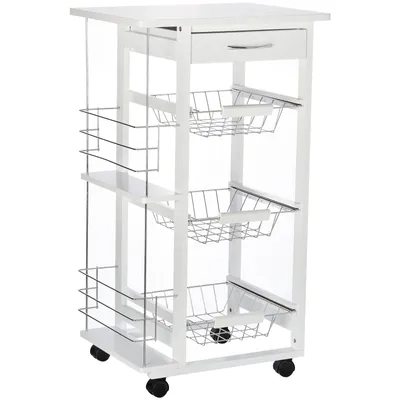Image de HOMCOM Chariot de service desserte de cuisine à roulettes multi-rangements 3 paniers métal tiroir + 2 range-bouteilles bois pin blanc