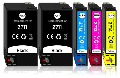 A set of four printer ink cartridges arranged side-by-side on a white background.