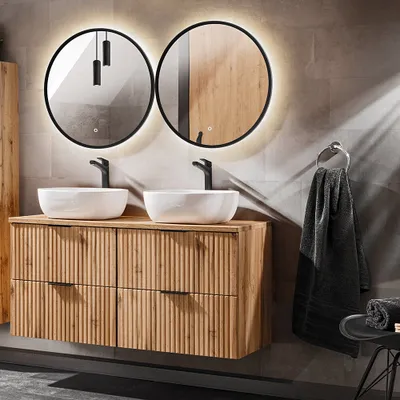 Produktbild von Badezimmermöbel mit 121cm Waschtisch & 2 LED-Spiegel ADELAIDE-56 Wotaneiche Rillenoptik, B/H/T ca. 120,6/200/46,5 cm