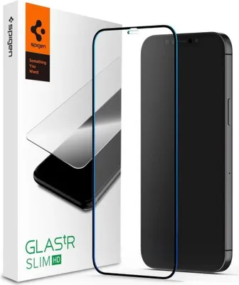 A Spigen Glass FC screen protector for an iPhone 12 Pro Max is displayed next to its packaging.