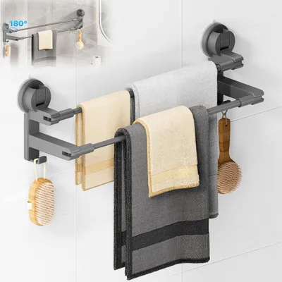 Produktbild von Handtuchhalter Saugnapf ohne Bohren Bad Handtuchstange Doppelt für Duschwand ohne Kleben Towel Holder mit 2 Handtuchhaken und Verstellbare Länge für Küche Tür Dunkelgrau 41-75cm