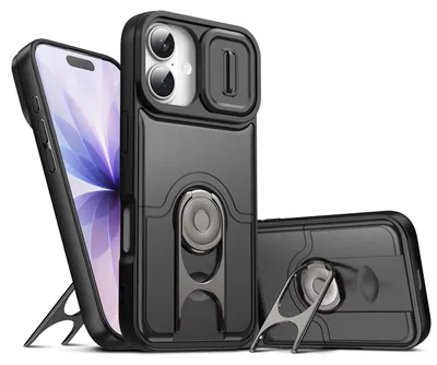 Image de Coque pour iPhone 16 Plus avec protection pour l'appareil photo et anneau-support, coque hybride antichoc, noire