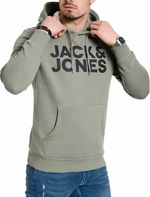 Produktbild von Jack & Jones Hoodie Herren Kapuzenpullover Print Pullover Sweatshirt mit Kapuze, 840-Seaspray-Black-S