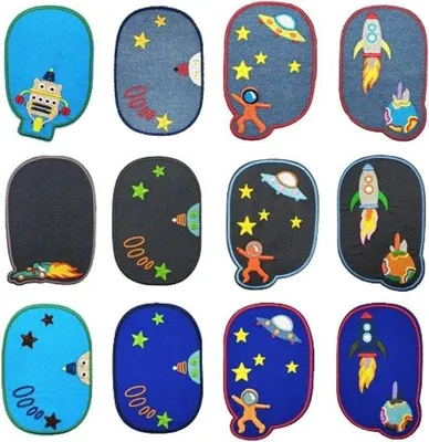 Productafbeelding van Alles in één set: 12 strijkapplicaties voor het repareren en decoreren van kleding. Ideaal voor het repareren van jeansjacks. Geschikt voor kinderen en volwassenen. Duurzame kledingreparatie met deze strijkapplicaties