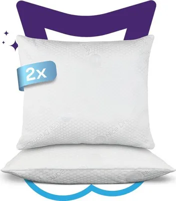 Two white pillows stacked on top of each other, with a purple graphic element above and a blue wave graphic below.
