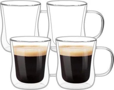 Zdjęcie produktu dla Kubki do kawy z podwójnymi ściankami, 4 szt., 350 ml, szkło borokrzemowe, z uchwytem