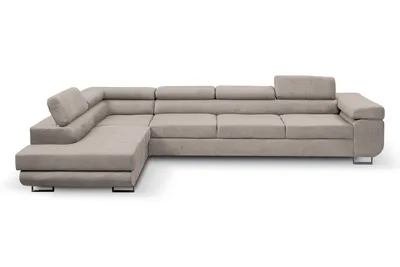 Produktbild von MargaretHadas24 Ecksofa L Form Marlene IV, 347x202, mit Schlaffunktion und Bettkasten Couch mit verstellbaren Kopfstützen Samtstoff linke Seite beige