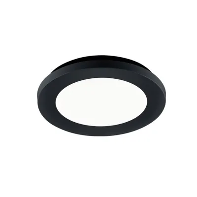 A black circular LED ceiling light with a white diffuser is shown against a white background.