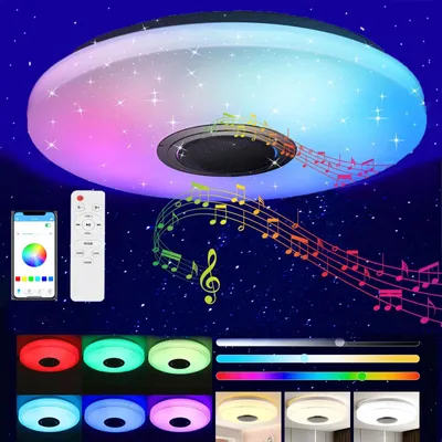 Produktbild von LED Deckenleuchte mit Bluetooth-Lautsprecher - Deckenlampe - 60 W - Ø 30 cm - RGB Farbwechsel - Dimmbar per Fernbedienung & Tuya-App - Weiß