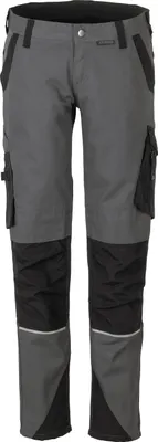 A pair of gray and black work pants are shown against a white background.