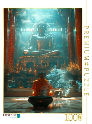 Produktbild von CALVENDO Puzzle Buddhistischer Tempel mit Mönch | 1000 Teile Lege-Größe 64x48cm Foto-Puzzle für glückliche Stunden