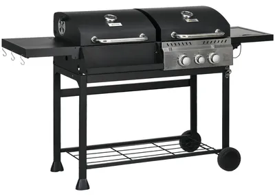 Produktbild von Outsunny Holzkohlgrill Gasgrill mit 2+1 Brenner, Thermometer, Haken, Schwarz
