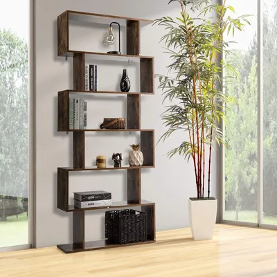 Produktbild von GOPLUS Bücherregal Holz, Standregal mit 6 Ebenen, Ablageregal S-Form, Büroregal Aktenregal Aufbewahrungsregal, für Schlafzimmer, Wohnzimmer (Braun)