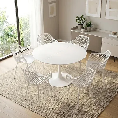 Produktbild von Runder Esstisch mit 6 Stühlen Set, Balkonmöbel Set für Kleinen Balkon, Lounge Möbel Outdoor für Garten, Terrasse, Balkon, Weiß Tisch (? 120 cm) + 6 Weiß Sessel