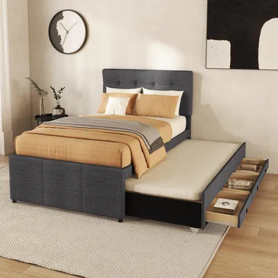 Produktbild von Polsterbett 90x200 cm, Familienbett mit 3 Schubladen & ausziehbarem Rollbett, verstellbares Kopfteil, ideal für Kinder- & Gästezimmer, ohne Matratze, Grau
