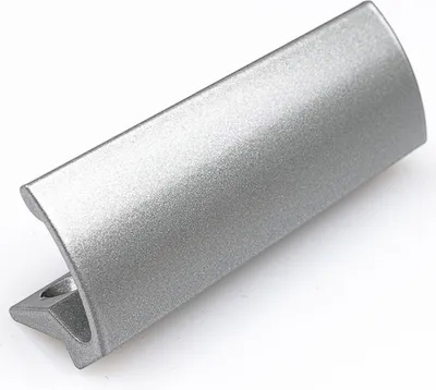 A silver-colored door handle on a white background.