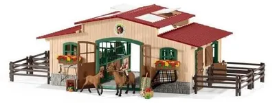 Produktbild von FARM WORLD Stall mit Pferden und Zubehör 96 Teile Pferdestall Spielset mit 2x Pferde Figuren 1x Reiterin-Figur und viel Zubehör Spielzeug alte Version