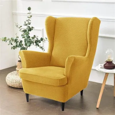 Obrázek produktu pro Stretch Wingback křeslo, 2dílné, jednobarevné, žluté, obývací pokoj, ložnice, ochrana nábytku