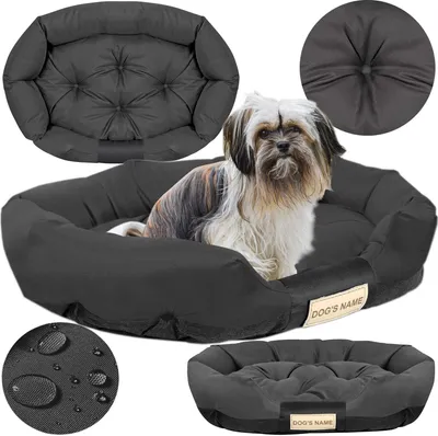 A collage of images showing a dog bed with a dog in it, close-ups of the bed's texture and a waterproof detail, and another view of the bed.
