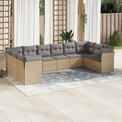 Produktbild von Design 10-tlg. Garten-Sofagarnitur mit Kissen Beige Poly Rattan, Gartenmöbel-Sets 2024 Neu