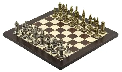 Produktbild von Exklusives Italfama Schachset: Camelot Piccolo Metallfiguren 6,7 cm & Holzbrett 30x30 cm
