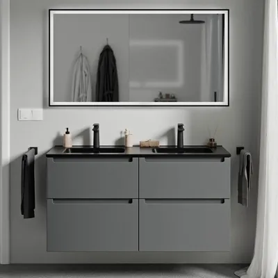 Produktbild von Waschtischunterschrank VIREO 120 cm mit Doppelwaschbecken schwarz - Farbe wählbar, Farbe Badmöbel:Anthrazit matt