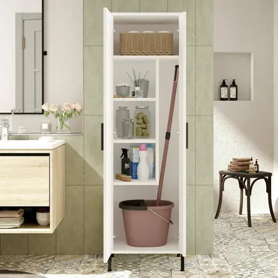 Image de Niala - Armoire Polyvalente 1 Porte, 50x165h cm Blanche, 4 Étagères
