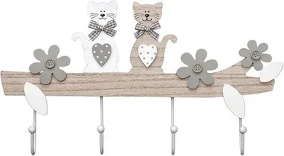 Productafbeelding van Unyqoos® Houten wandgarderobe met 4 haken, 21 x 40 cm – wandmontabele garderobestang in kattenontwerp, geschikt voor jassen, hondenlijnen en sleutels