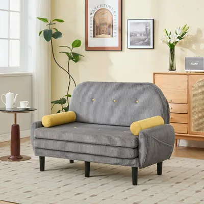 Produktbild von Grauer Cord-Loveseat-Sofa für das Wohnzimmer, als Daybed und Relaxsessel mit Stauraum.