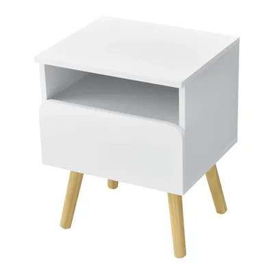 Imagen del producto de Mesa de noche In and OutdoorMatch Sallie, con cajón, 50x40x34 cm, blanco y madera, fabricada en aglomerado y pino, diseño moderno