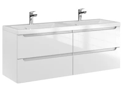 Produktbild von Furni Badunterschrank 120 cm DUO Weiß Hochglanz lackiert – Vormontierter Waschbeckenunterschrank mit Griffmulde, Hängend, 2 Schubladen