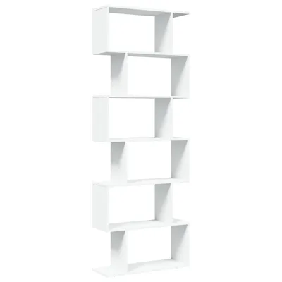 A tall, white, zig-zag bookshelf with six shelves against a white background.