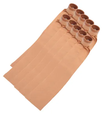 A stack of vacuum cleaner bags with brown tops, laid out diagonally on a white background.