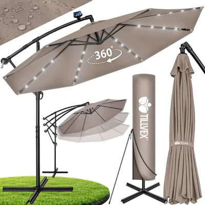 Image de Parasol à mât incliné Tillvex en aluminium, couleur cappuccino, LED, à énergie solaire, Ø 300 cm, avec manivelle | Parasol avec interrupteur marche/arrêt | Parasol de jardin en aluminium avec protection UV | Parasol à manivelle avec pied, modèle de marché, imperméable, Image générée par une IA