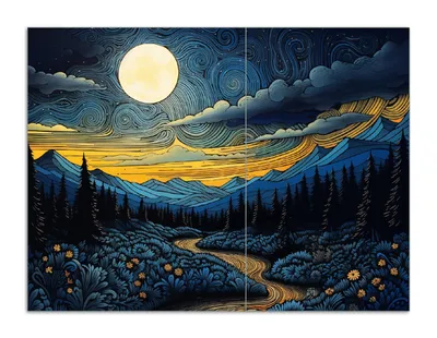 Produktbild von Wallario Herdabdeckplatte aus Glas, Größe 70 x 52 cm 2-teilig, Motiv Mondschein über den Bergen