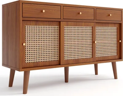 Produktbild von Kommode Sideboard Kommode Aufbewahrungsschrank Schlafzimmerschrank 120x40x78cm Rattangeflecht auf den Tuerfronten Wohnzimmer-Aufbewahrungsschrank