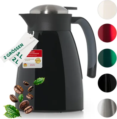 A black thermos jug is shown with various color swatches and product information tags.