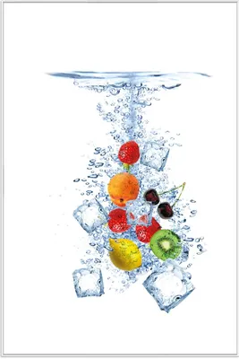 Produktbild von Wallario Wandbild Obst-Eiswürfel-Mix im Wasser mit weißem Hintergrund, Größe: 61 x 91,50 cm, Poster mit weißem Aluminiumrahmen