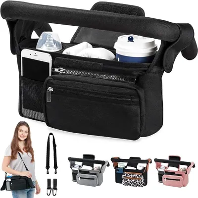 Produktbild von Babywagen-Tasche, Kinderwagen-Organizer mit abnehmbarer Handytasche und Schultergurt, 2 isolierten Getränkehaltern, rutschfestem und sicherem Haken