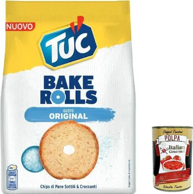 Produktbild von 12x Tuc Bake Rolls, Original dünne und knusprige Brotchips 150 g + Italian gourmet polpa 400g