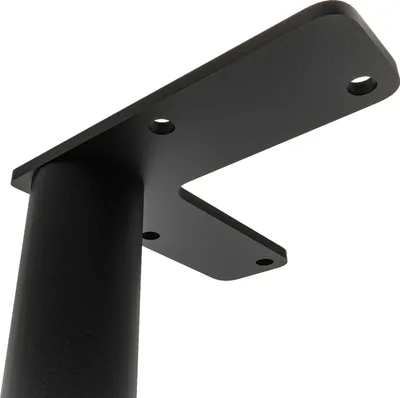 A close-up, low-angle shot of a black furniture leg with a mounting plate, against a white background.