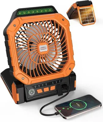 Immagine prodotto di Ventilatore a energia solare con batteria di ricambio - 4 piedini + torce a LED - telecomando e timer (2/4/8 ore) - USB-C/energia solare - design compatto da campeggio - arancione